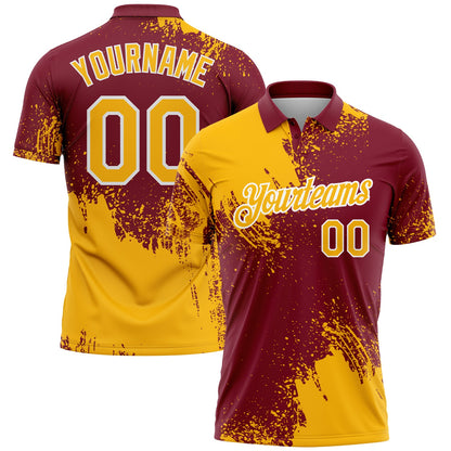 Custom Gold Crimson-White 3D Pattern Design Abstract Brush Stroke Performance Polo Shirt