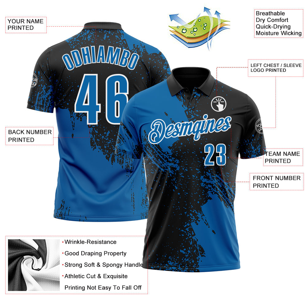 Custom Blue Black-White 3D Pattern Design Abstract Brush Stroke Performance Polo Shirt