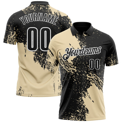 Custom Cream Black-White 3D Pattern Design Abstract Brush Stroke Performance Polo Shirt