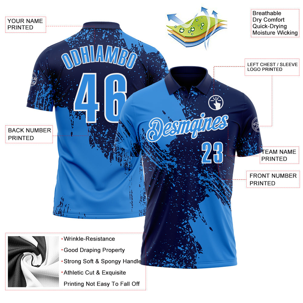 Custom Powder Blue Navy-White 3D Pattern Design Abstract Brush Stroke Performance Polo Shirt