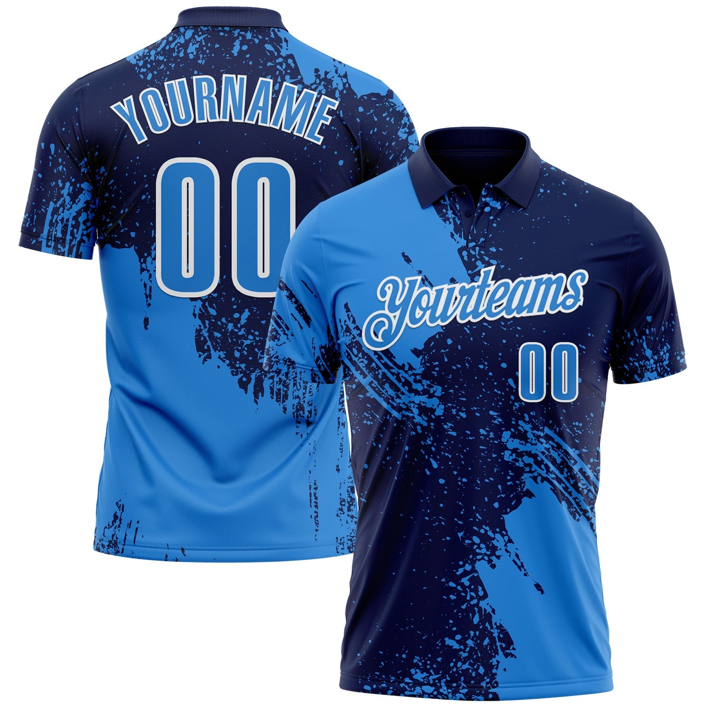Custom Powder Blue Navy-White 3D Pattern Design Abstract Brush Stroke Performance Polo Shirt