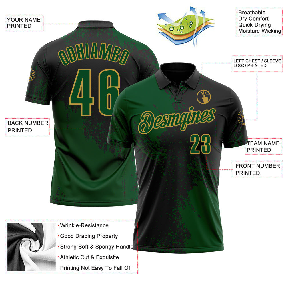 Custom Green Black-Old Gold 3D Pattern Design Abstract Brush Stroke Performance Polo Shirt