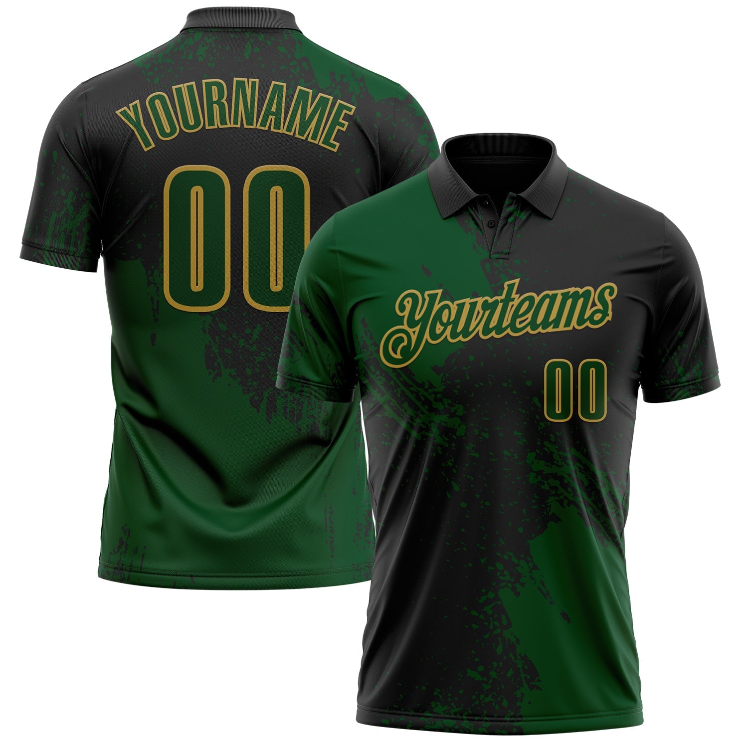 Custom Green Black-Old Gold 3D Pattern Design Abstract Brush Stroke Performance Polo Shirt