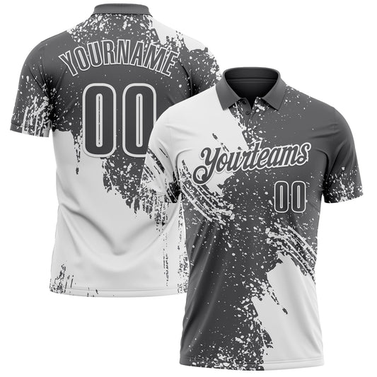 Custom White Steel Gray 3D Pattern Design Abstract Brush Stroke Performance Polo Shirt