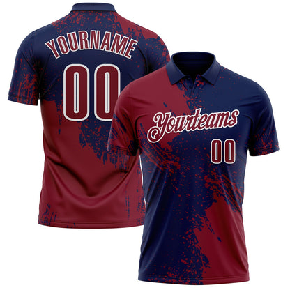 Custom Crimson Navy-White 3D Pattern Design Abstract Brush Stroke Performance Polo Shirt