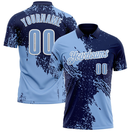 Custom Light Blue Navy-White 3D Pattern Design Abstract Brush Stroke Performance Polo Shirt