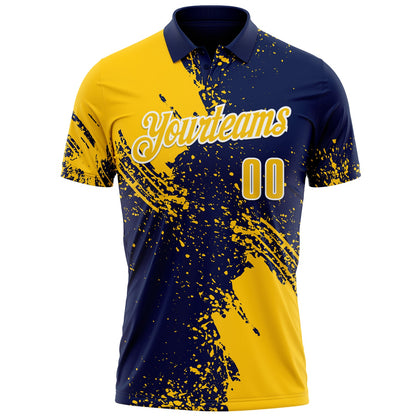Custom Yellow Navy-White 3D Pattern Design Abstract Brush Stroke Performance Polo Shirt
