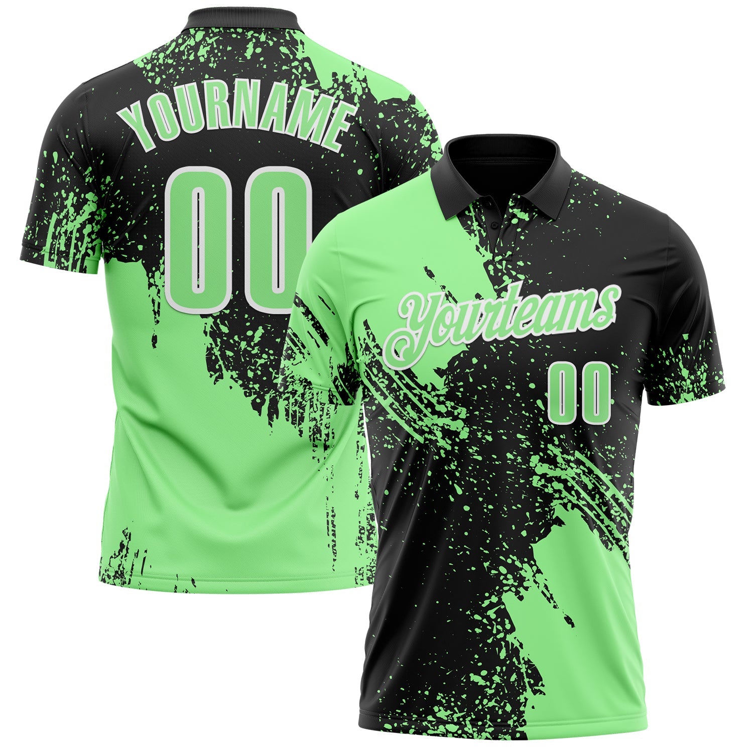 Custom Pea Green Black-White 3D Pattern Design Abstract Brush Stroke Performance Polo Shirt