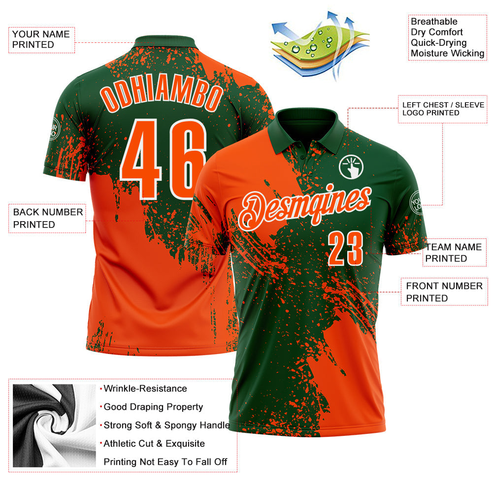 Custom Orange Green-White 3D Pattern Design Abstract Brush Stroke Performance Polo Shirt