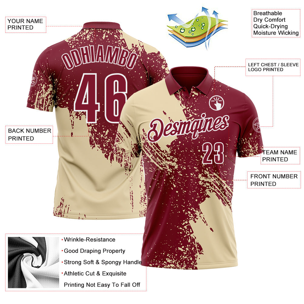 Custom Cream Crimson-White 3D Pattern Design Abstract Brush Stroke Performance Polo Shirt