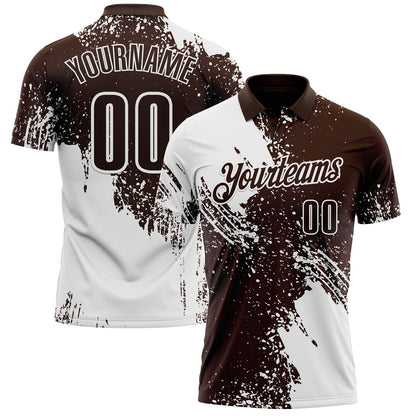 Custom White Brown 3D Pattern Design Abstract Brush Stroke Performance Polo Shirt