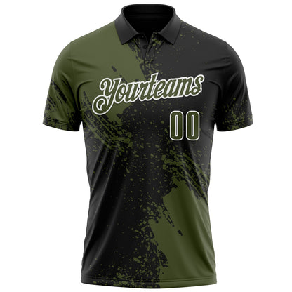 Custom Olive Black-White 3D Pattern Design Abstract Brush Stroke Performance Polo Shirt