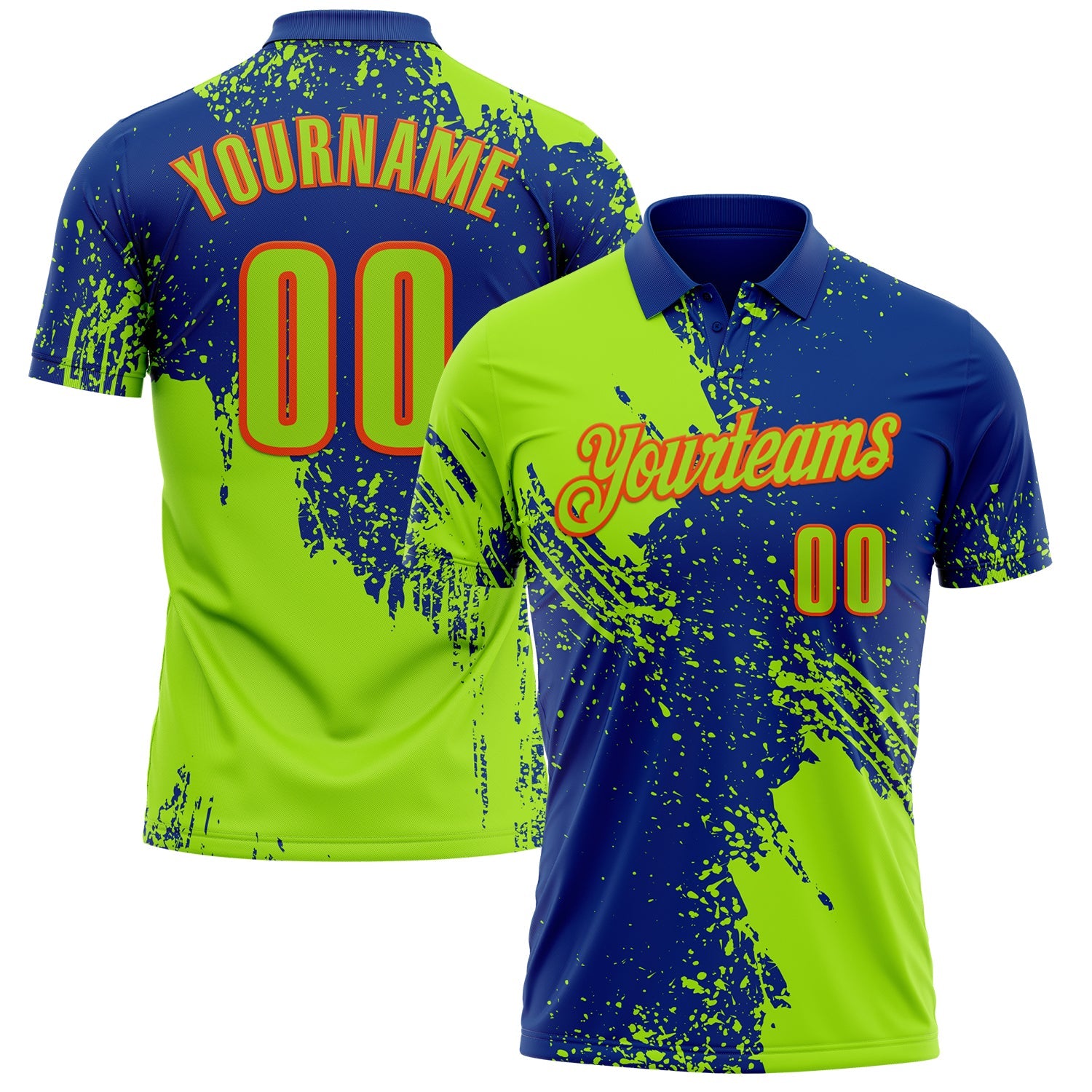 Custom Neon Green Royal-Orange 3D Pattern Design Abstract Brush Stroke Performance Polo Shirt