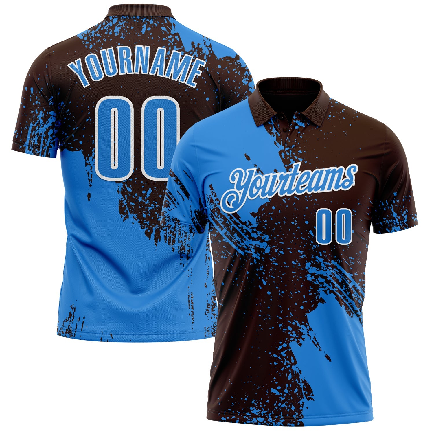 Custom Powder Blue Brown-White 3D Pattern Design Abstract Brush Stroke Performance Polo Shirt