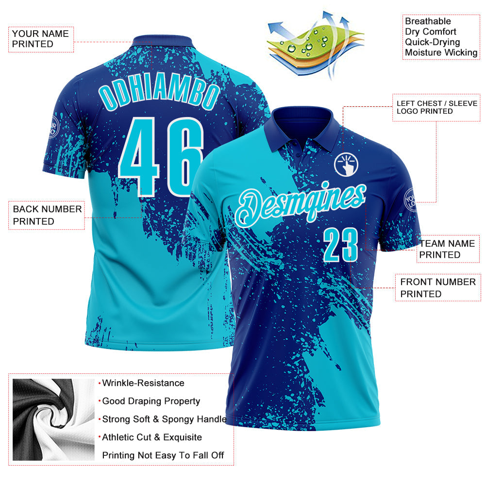 Custom Lakes Blue Royal-White 3D Pattern Design Abstract Brush Stroke Performance Polo Shirt