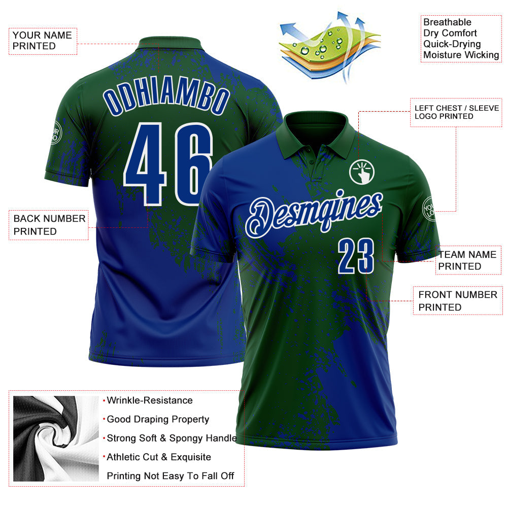 Custom Royal Green-White 3D Pattern Design Abstract Brush Stroke Performance Polo Shirt