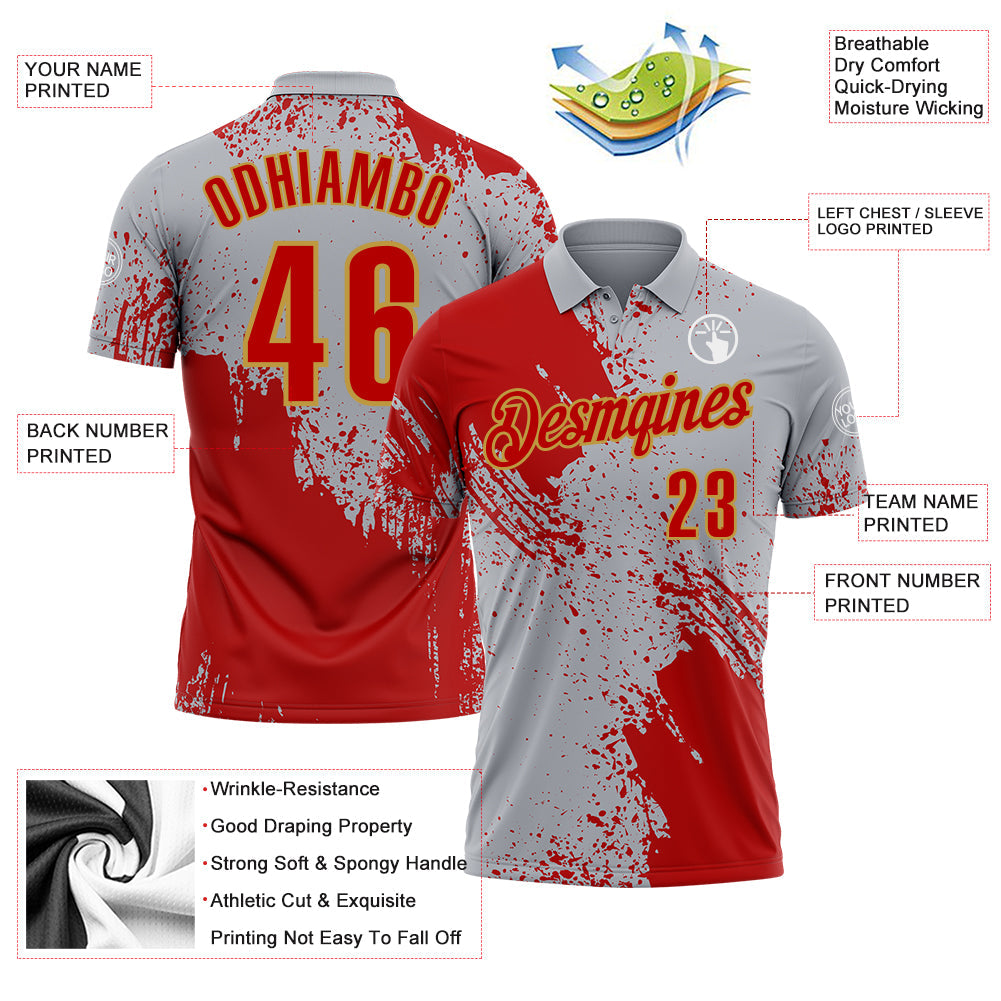 Custom Red Gray-Old Gold 3D Pattern Design Abstract Brush Stroke Performance Polo Shirt