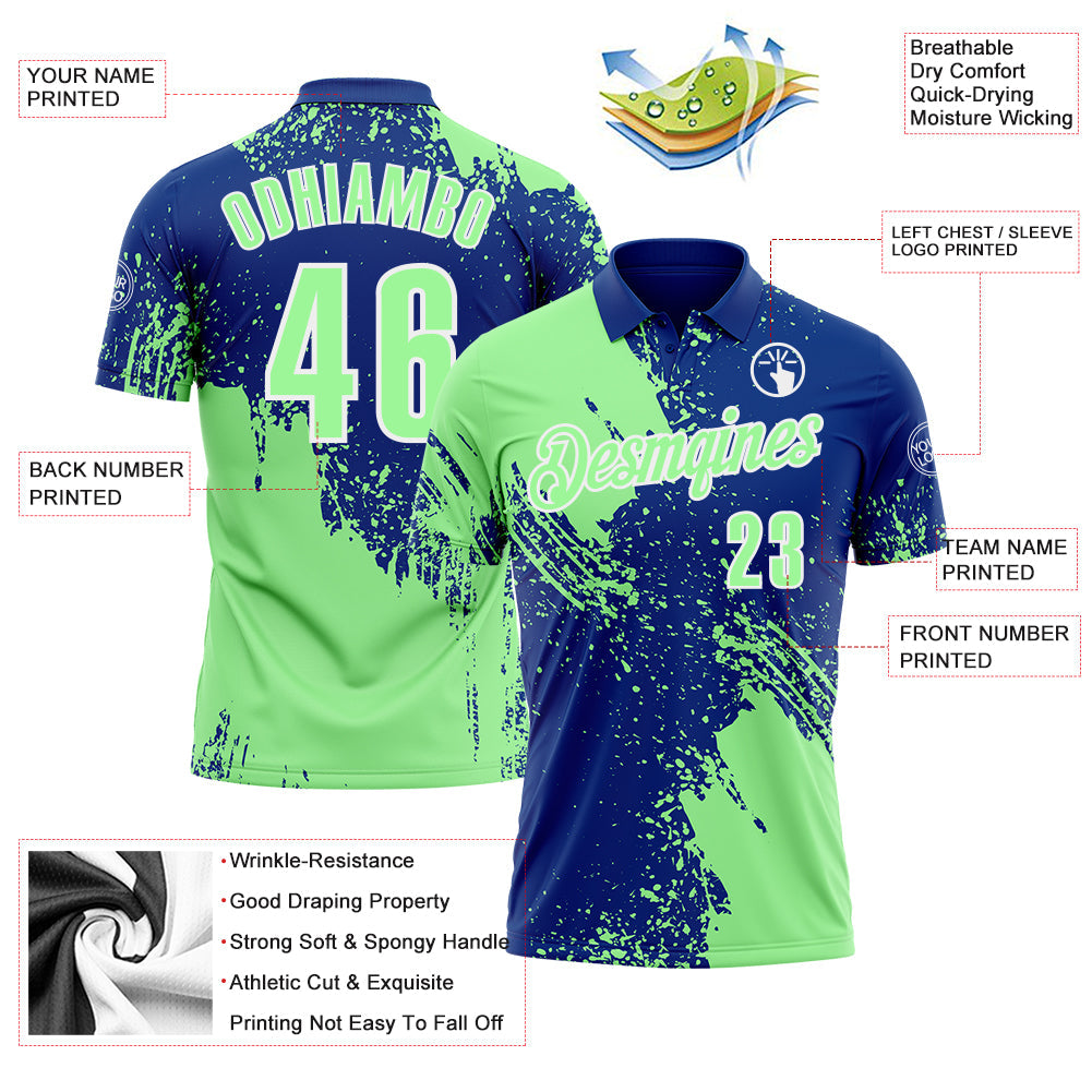 Custom Pea Green Royal-White 3D Pattern Design Abstract Brush Stroke Performance Polo Shirt