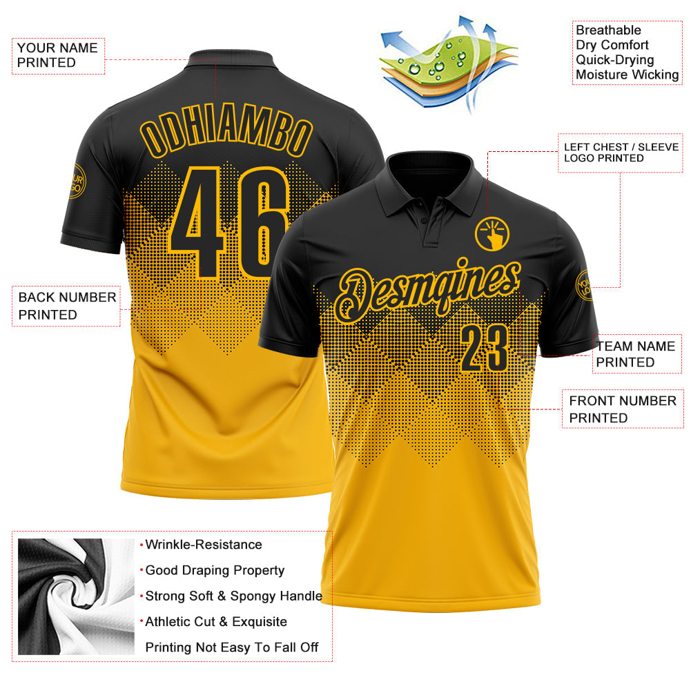 Custom Black Gold 3D Gradient Square Shape Performance Polo Shirt