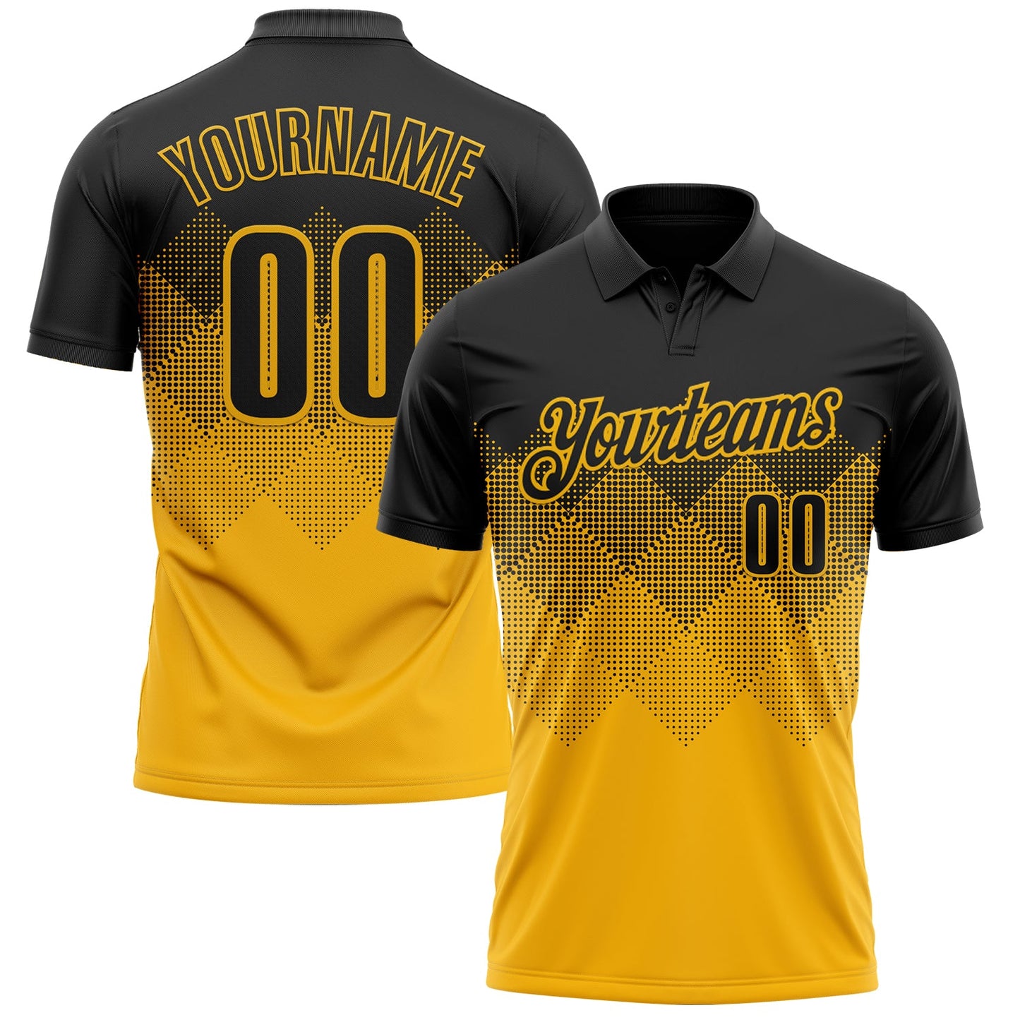 Custom Black Gold 3D Gradient Square Shape Performance Polo Shirt
