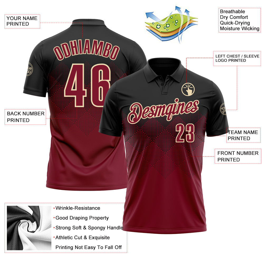 Custom Black Crimson-Cream 3D Gradient Square Shape Performance Polo Shirt