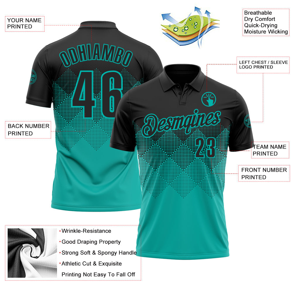 Custom Black Aqua 3D Gradient Square Shape Performance Polo Shirt