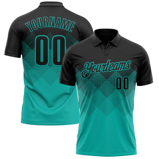 Custom Black Aqua 3D Gradient Square Shape Performance Polo Shirt