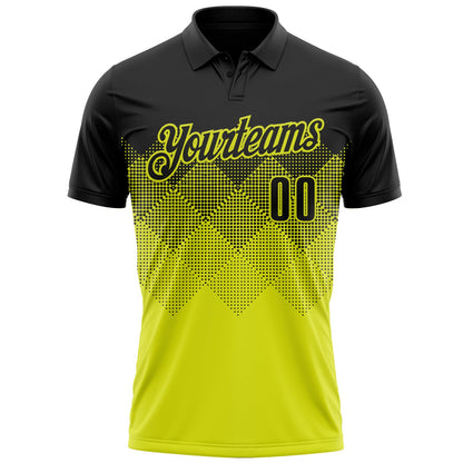 Custom Black Neon Yellow 3D Gradient Square Shape Performance Polo Shirt