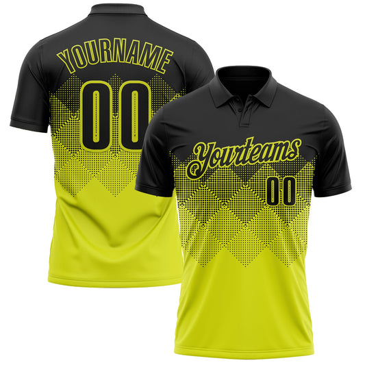 Custom Black Neon Yellow 3D Gradient Square Shape Performance Polo Shirt