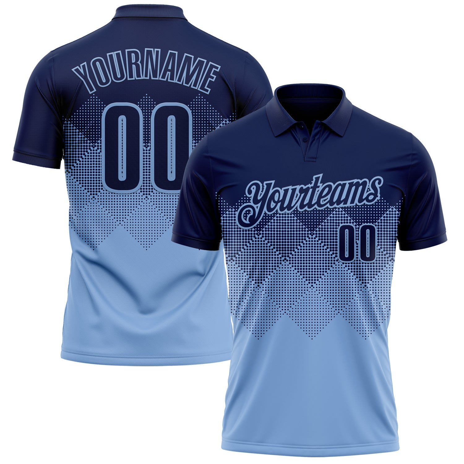 Custom Navy Light Blue 3D Gradient Square Shape Performance Polo Shirt