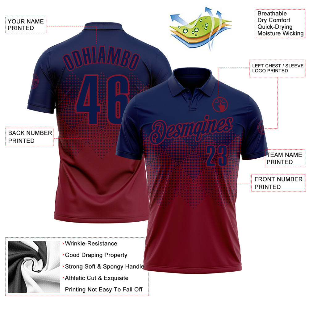 Custom Navy Crimson 3D Gradient Square Shape Performance Polo Shirt