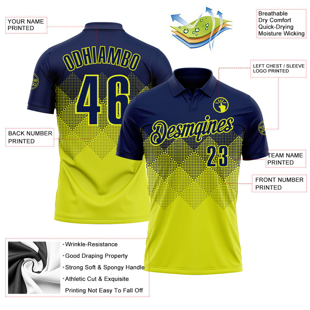 Custom Navy Neon Yellow 3D Gradient Square Shape Performance Polo Shirt