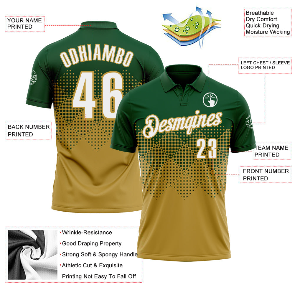 Custom Green White-Old Gold 3D Gradient Square Shape Performance Polo Shirt