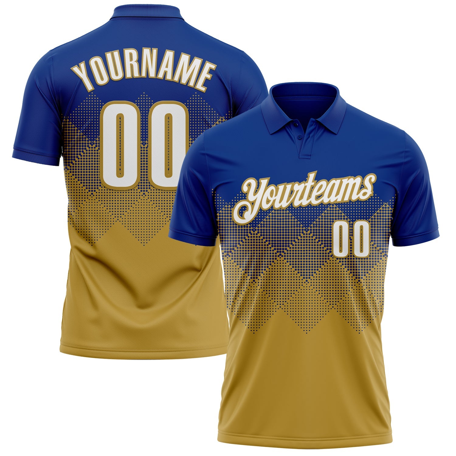 Custom Royal White-Old Gold 3D Gradient Square Shape Performance Polo Shirt
