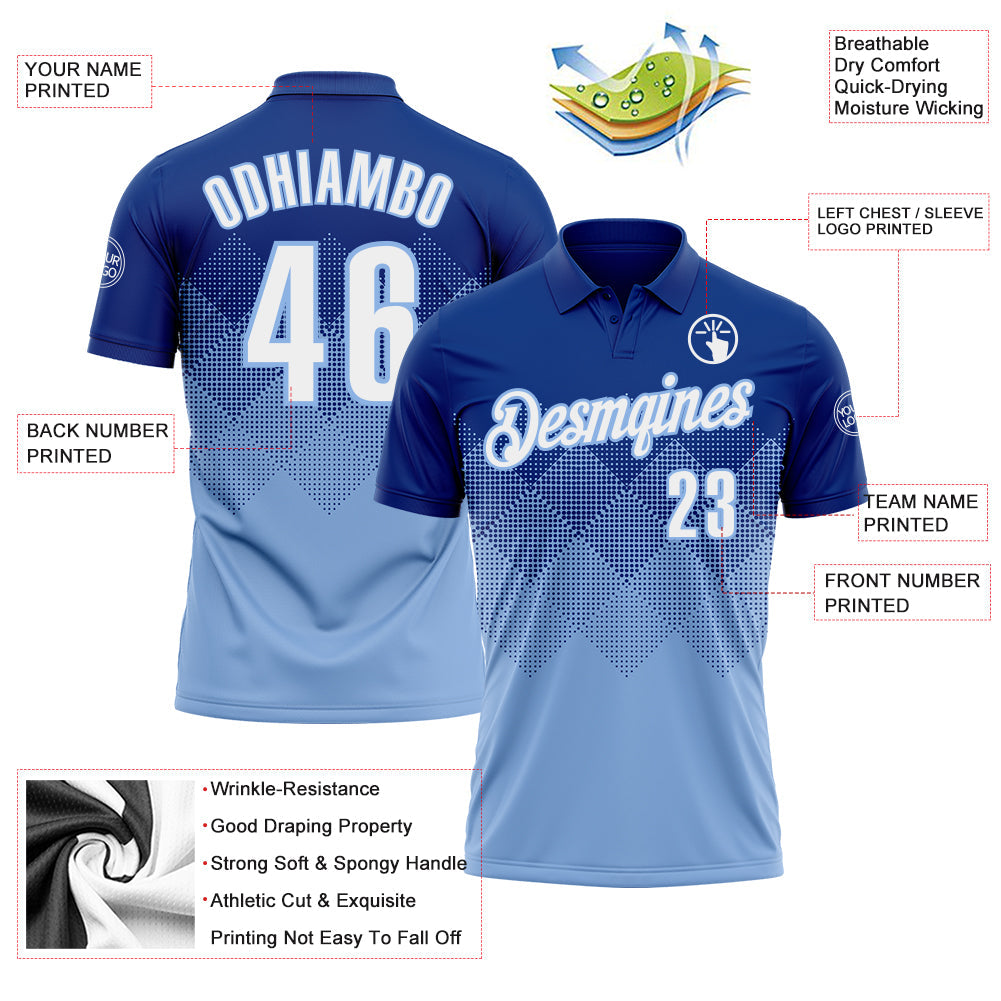 Custom Royal White-Light Blue 3D Gradient Square Shape Performance Polo Shirt
