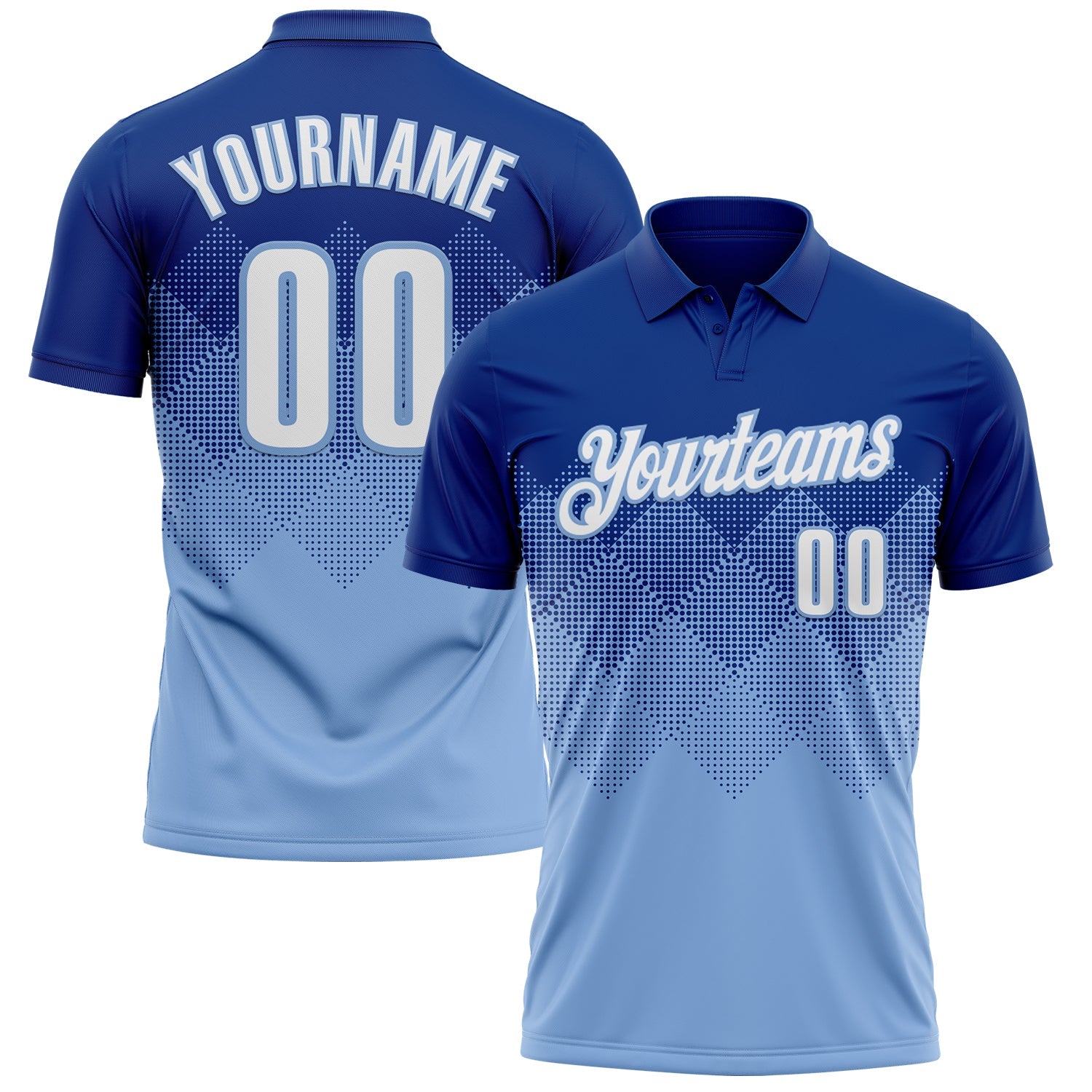 Custom Royal White-Light Blue 3D Gradient Square Shape Performance Polo Shirt