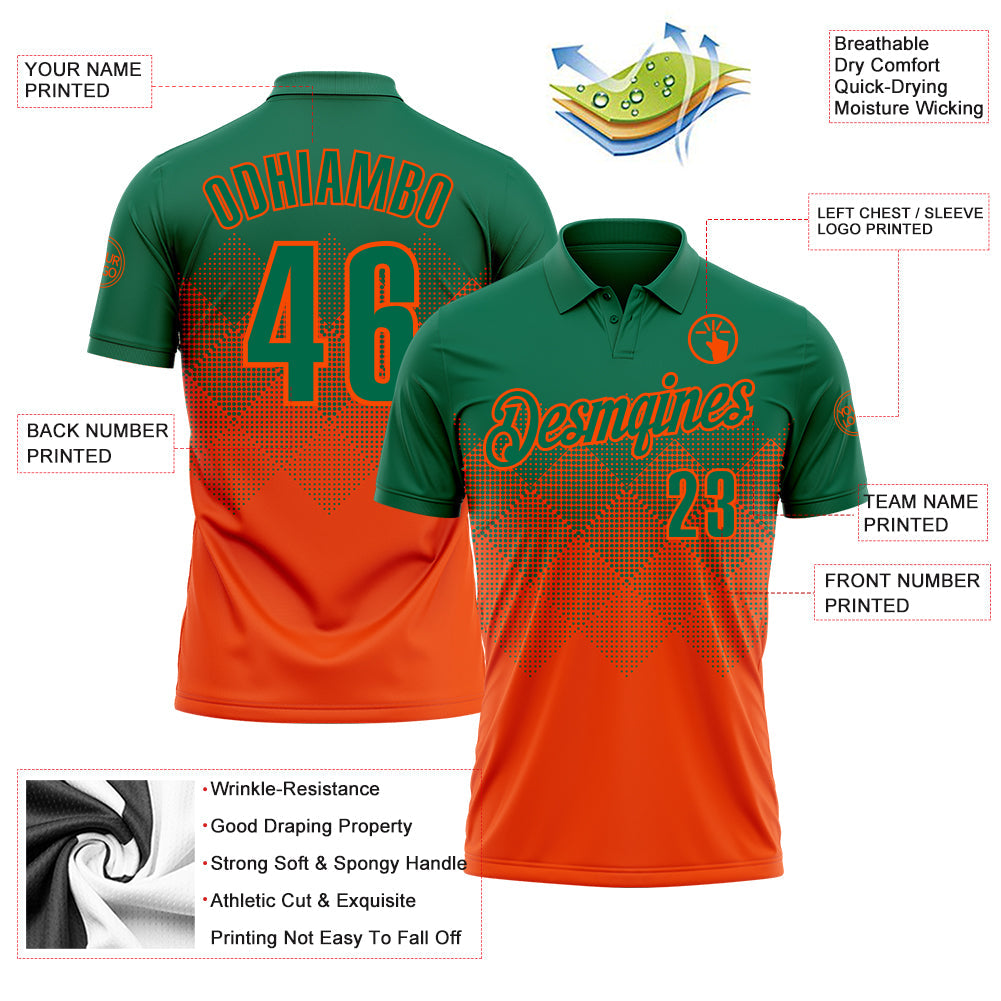 Custom Kelly Green Orange 3D Gradient Square Shape Performance Polo Shirt