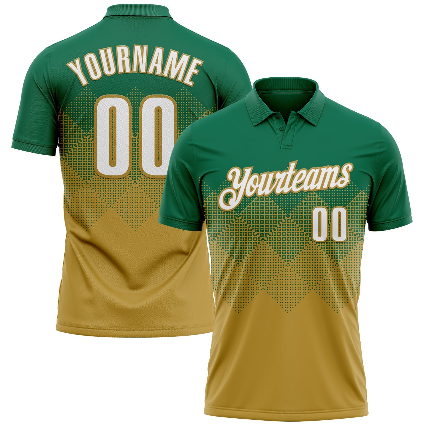 Custom Kelly Green White-Old Gold 3D Gradient Square Shape Performance Polo Shirt