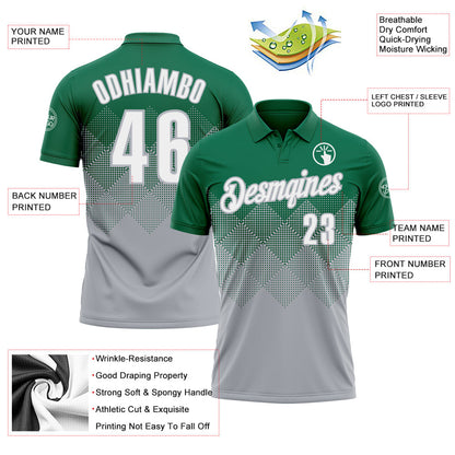 Custom Kelly Green White-Gray 3D Gradient Square Shape Performance Polo Shirt