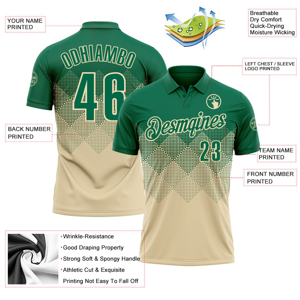 Custom Kelly Green Cream 3D Gradient Square Shape Performance Polo Shirt