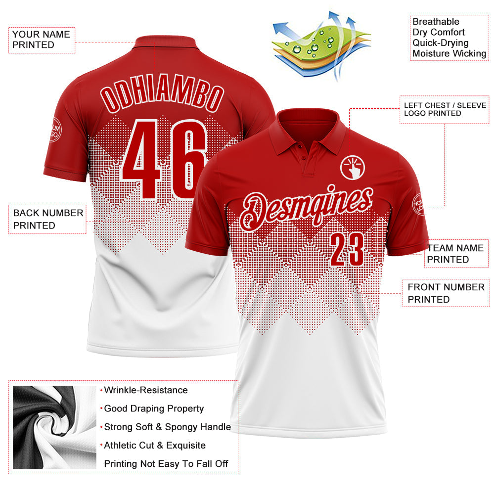 Custom Red White 3D Gradient Square Shape Performance Polo Shirt