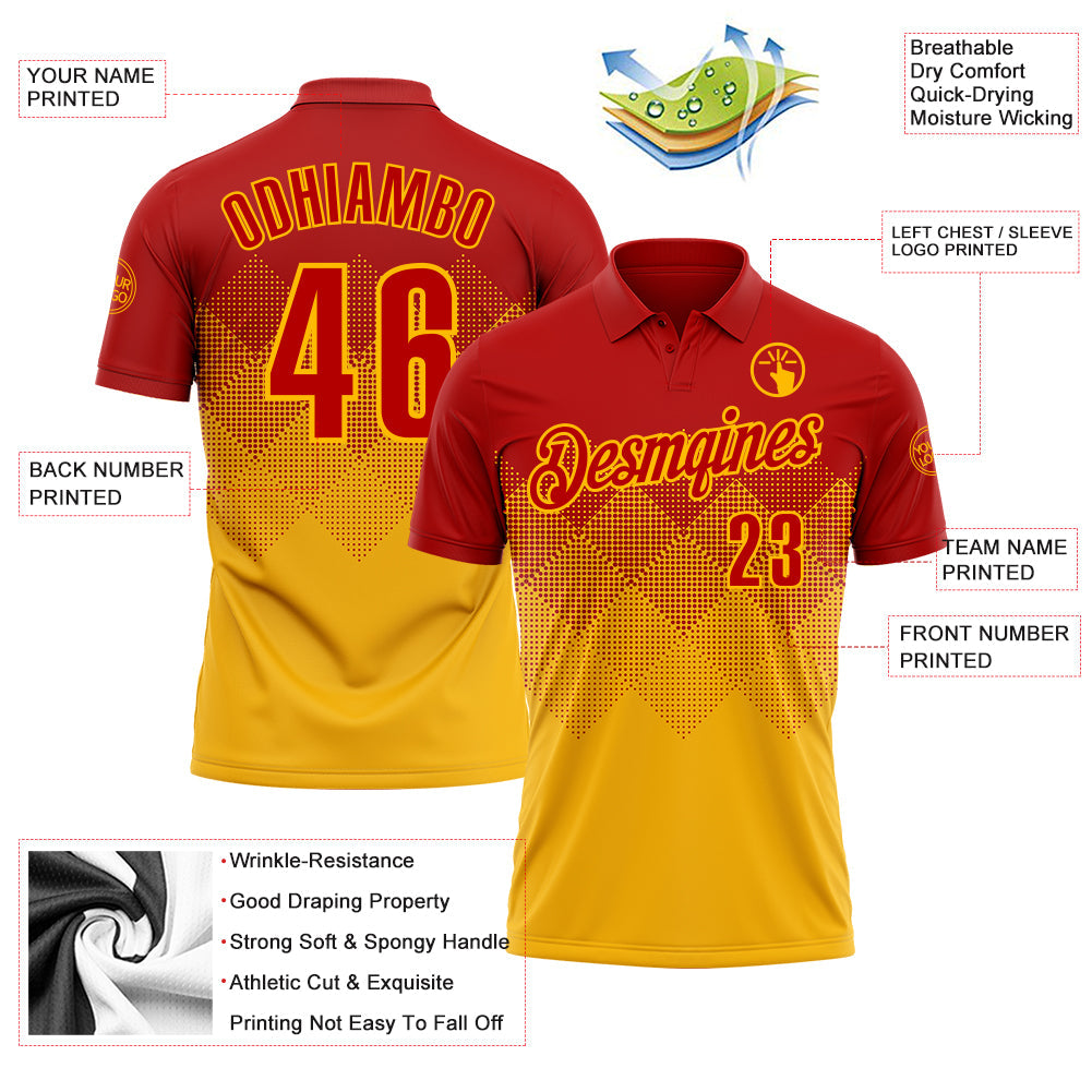 Custom Red Gold 3D Gradient Square Shape Performance Polo Shirt
