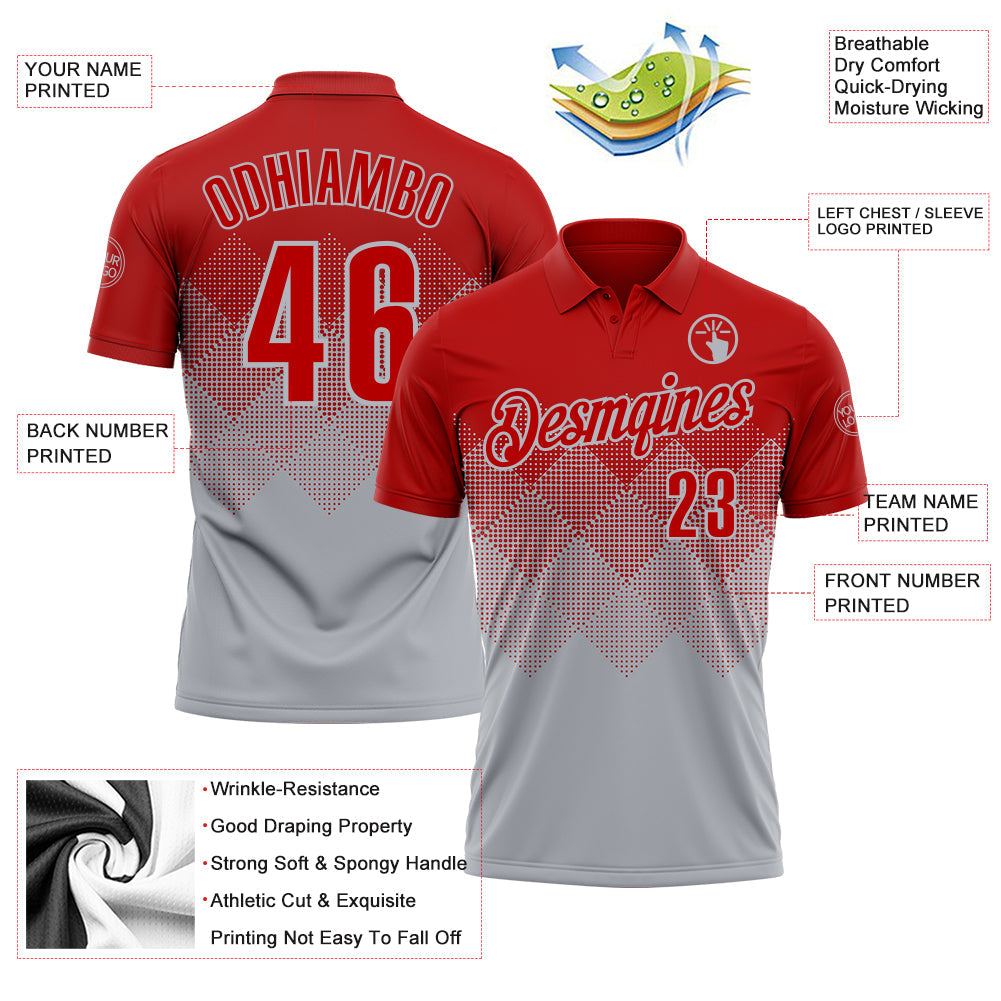 Custom Red Gray 3D Gradient Square Shape Performance Polo Shirt