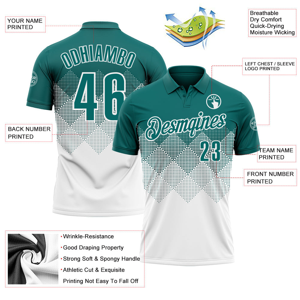 Custom Teal White 3D Gradient Square Shape Performance Polo Shirt
