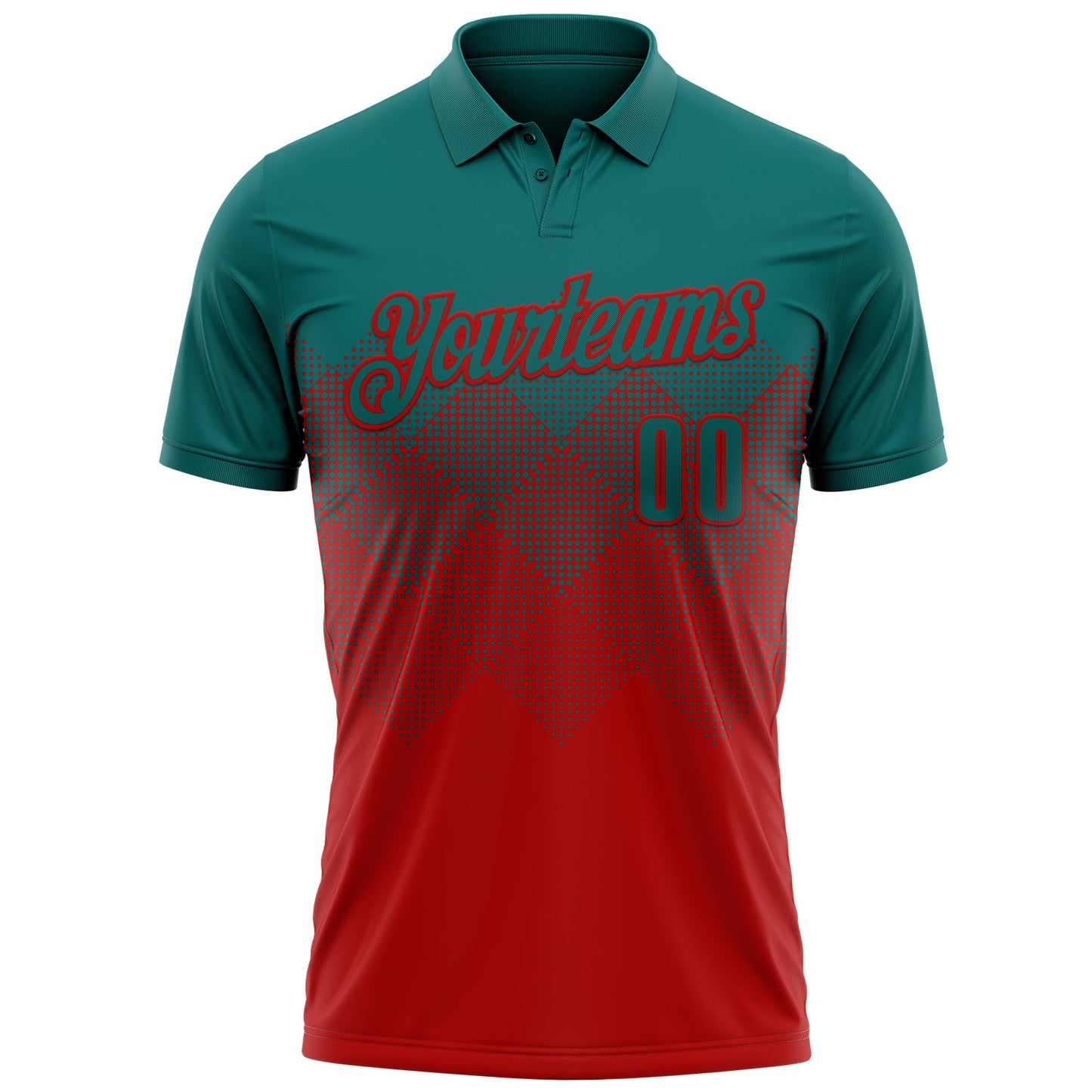 Custom Teal Red 3D Gradient Square Shape Performance Polo Shirt