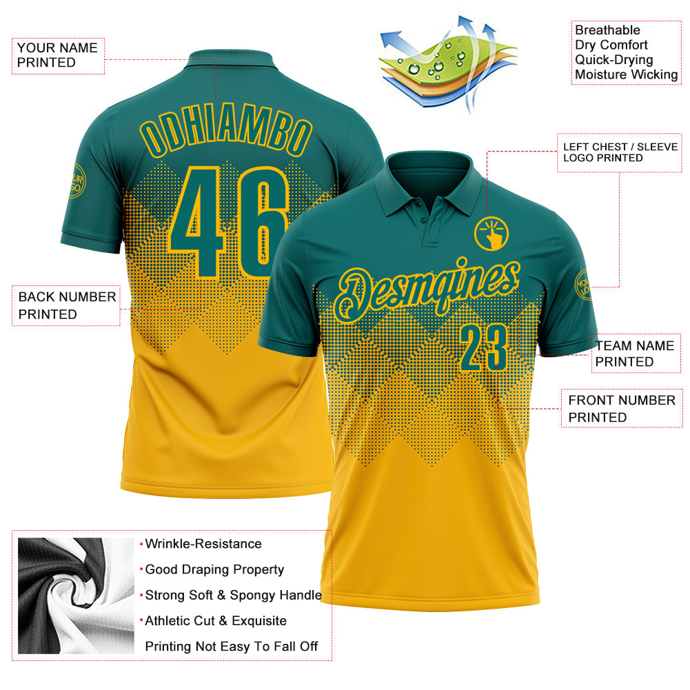 Custom Teal Gold 3D Gradient Square Shape Performance Polo Shirt