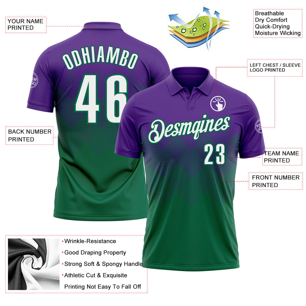 Custom Purple White-Kelly Green 3D Gradient Square Shape Performance Polo Shirt