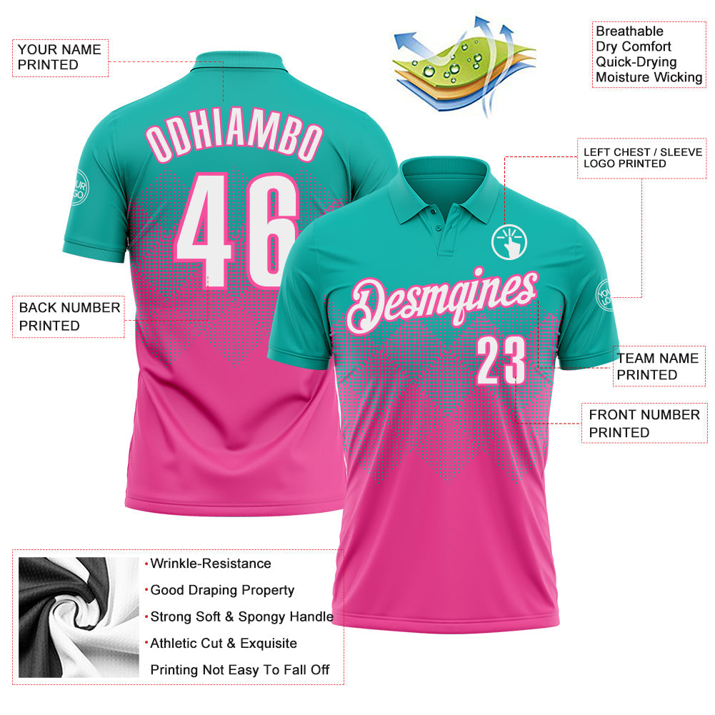 Custom Aqua White-Pink 3D Gradient Square Shape Performance Polo Shirt