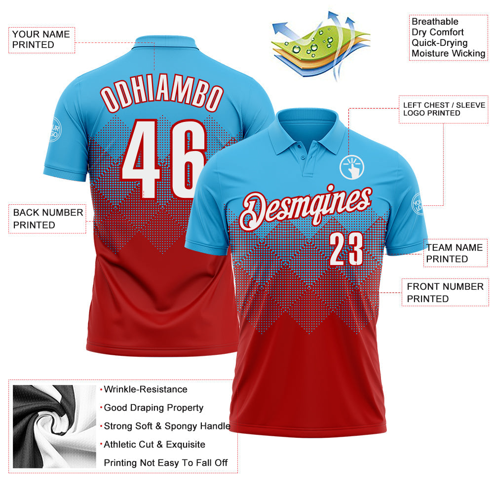 Custom Sky Blue White-Red 3D Gradient Square Shape Performance Polo Shirt