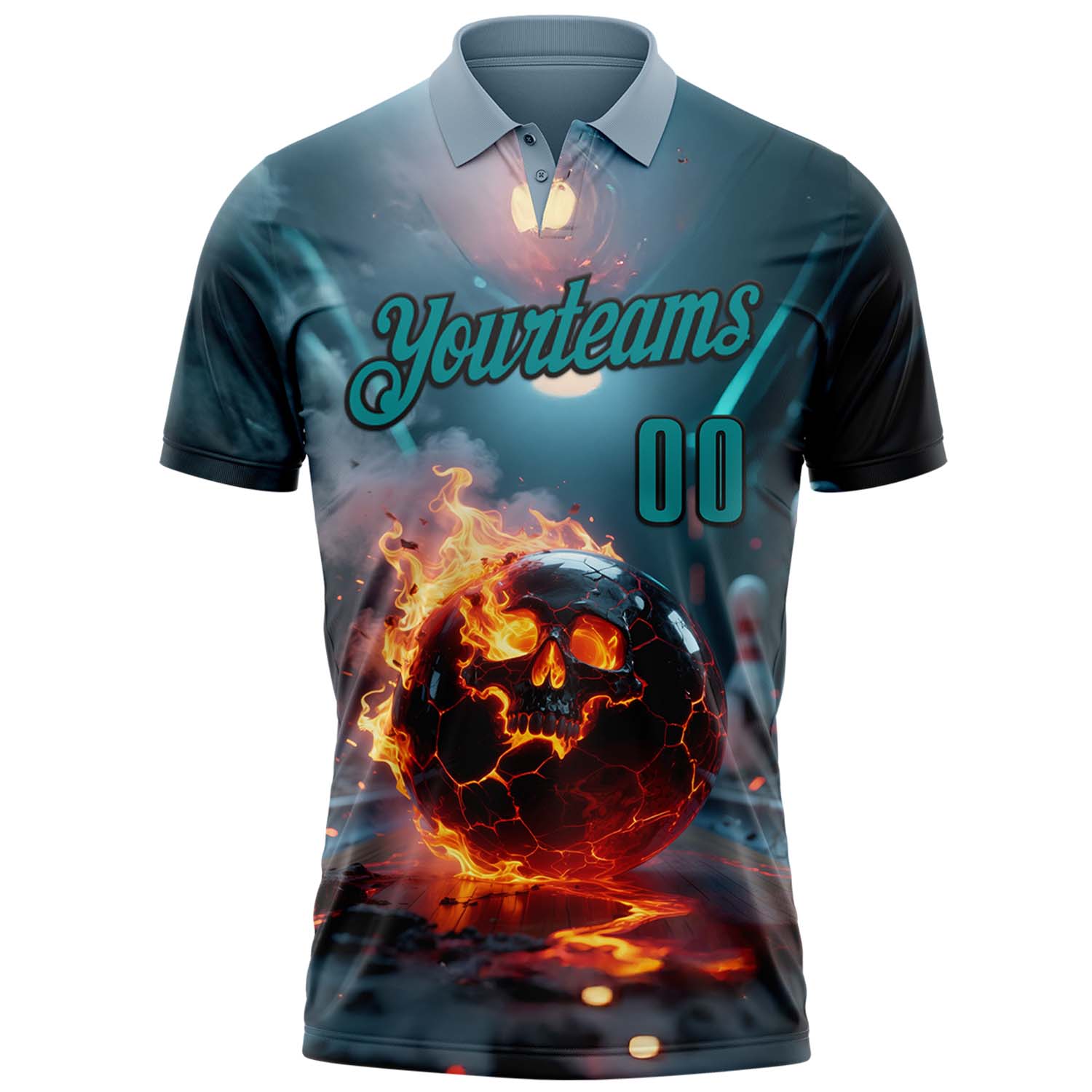 Custom Blue Teal-Black 3D Flame Skull Bowling Performance Polo Shirt